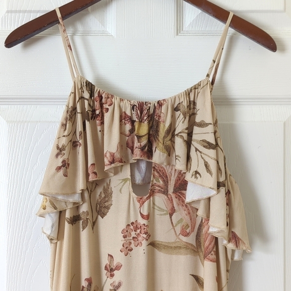 Chaser Heirloom Woven Floral Vented Ruffle Peplum Hem Camisole Tank Top Beige M - Picture 2 of 12